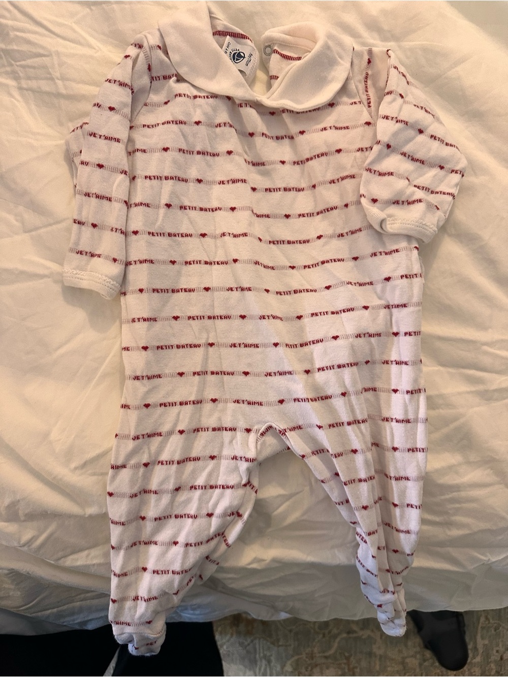 Petit Bateau White and Red Striped Footie with Peter Pan Collar